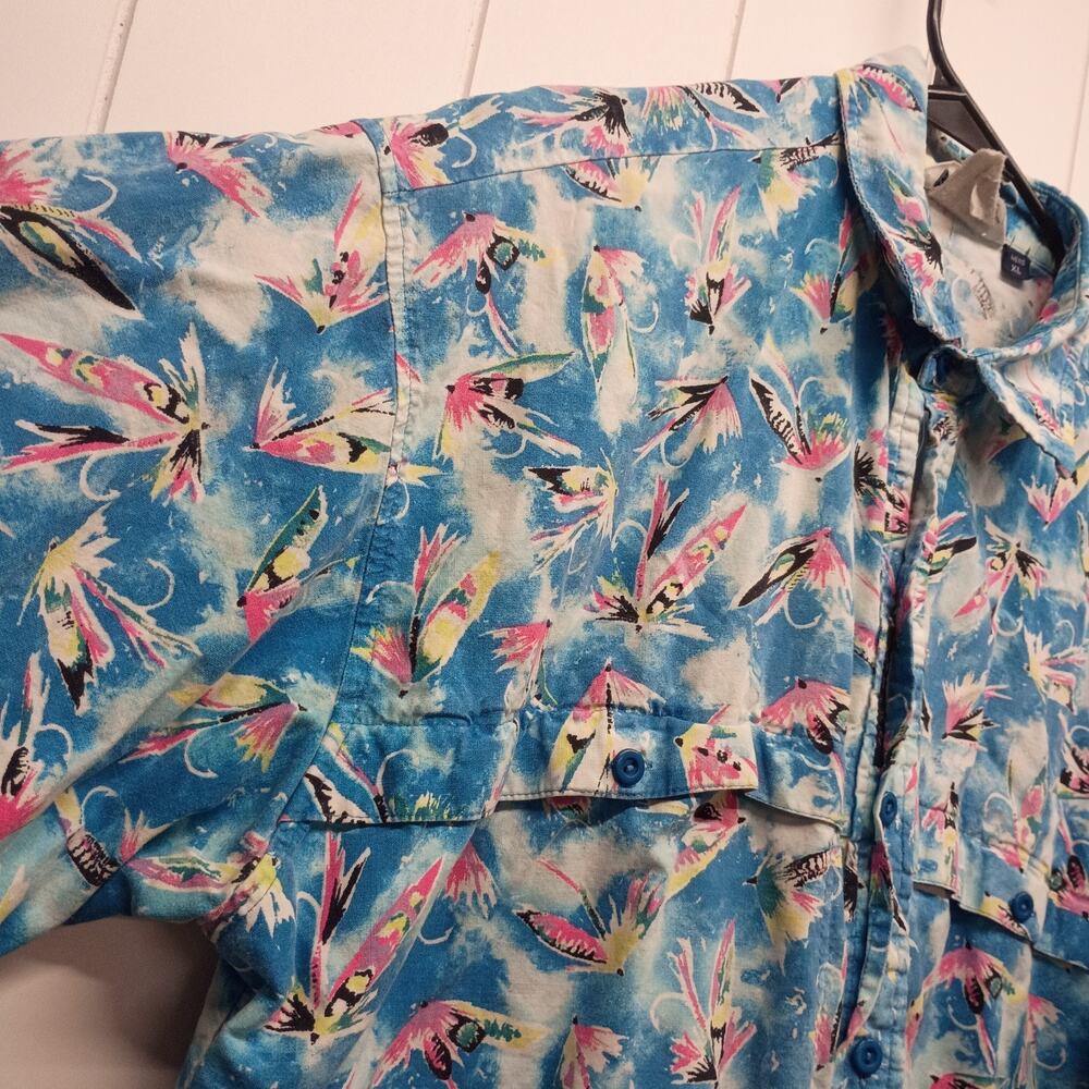 Vintage Columbia Sportswear Fishing Shirt Men XL Made USA Fly Lures AOP PFG Blue - Picture 4 of 8